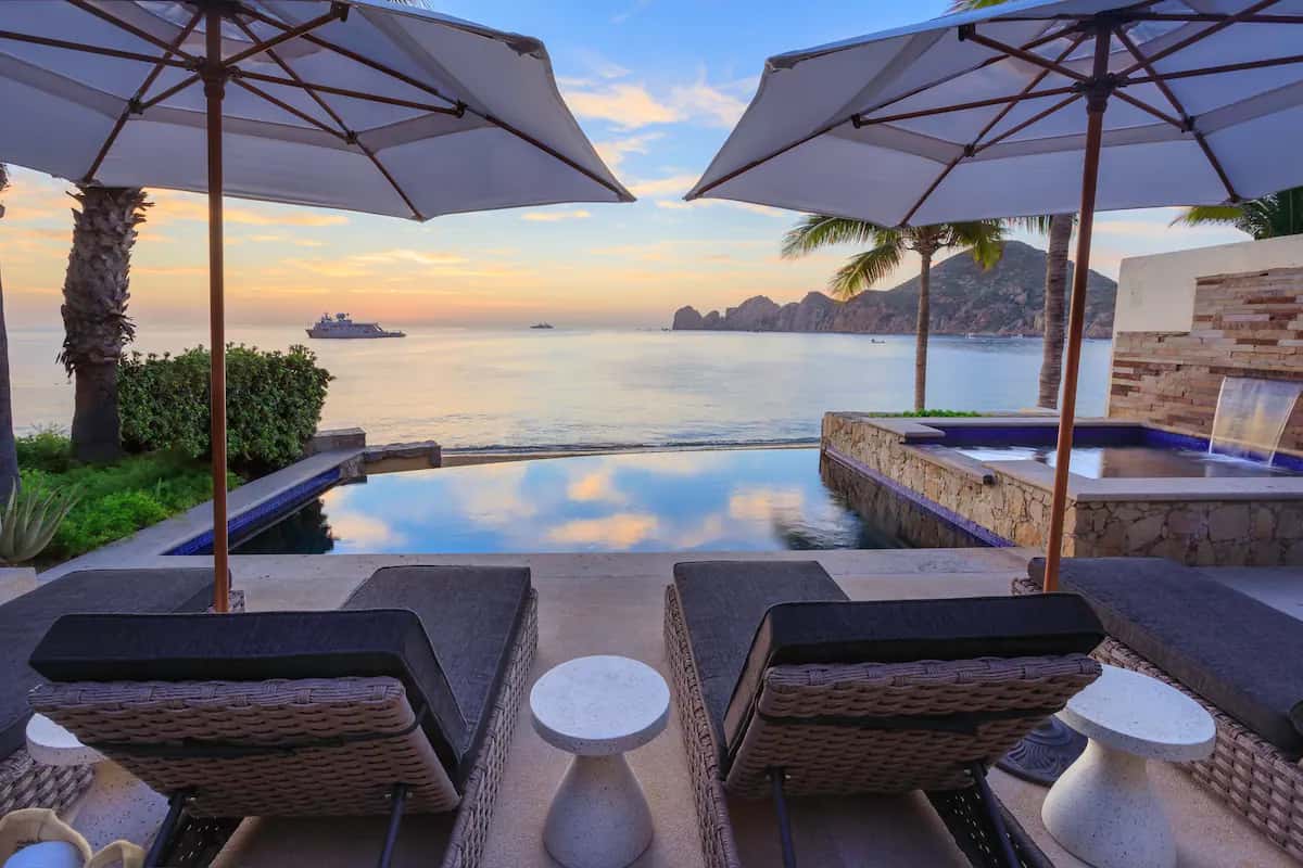 Sunset over the Sea of Cortez and El Arco from Villa 1's infinity pool