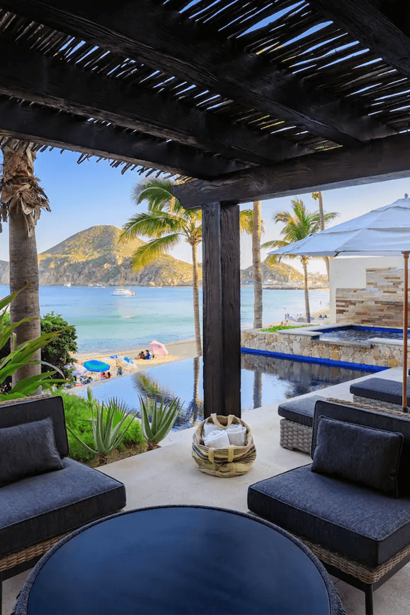 Shaded terrace at Villa 1 overlooking the bay